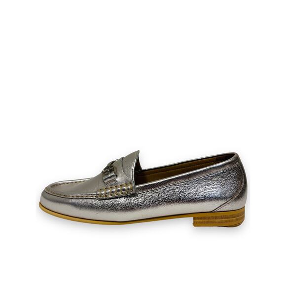 Bally Shoes - BALLY Silver Metallic Leather Manoela Buckle Accent Slip-On Loafers Flats 37 -7